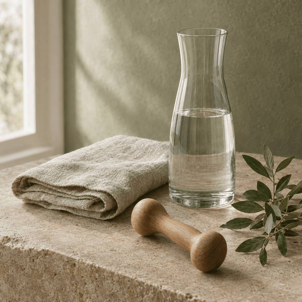 A simple wellness still life with folded linen, a glass carafe and a wooden tool.