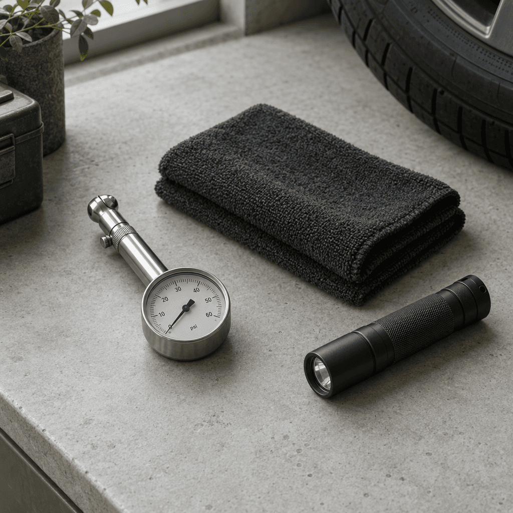 A clean automotive still life with a compact gauge, cloth and small torch.